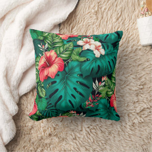 Coussin Feuilles Tropicales Élégantes et Fleurs d'Hibiscus