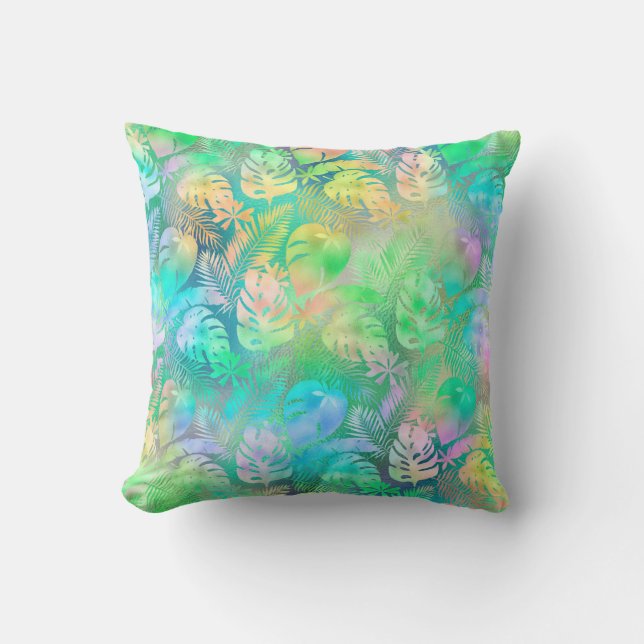Coussin Feuilles tropicales irisées pastel rose violet ble (Recto)