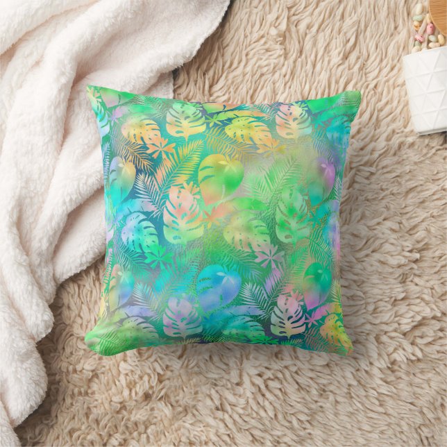 Coussin Feuilles tropicales irisées pastel rose violet ble (Couverture)