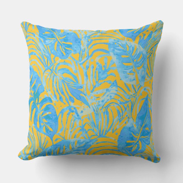Coussin Feuilles Tropicales, Jaune Bleu (Recto)