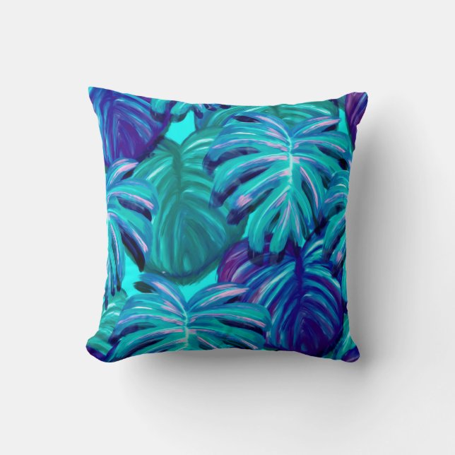 Coussin Feuilles tropicales sarcelle bleue (Recto)