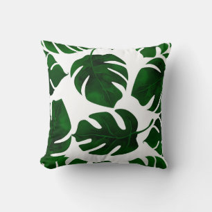Coussin Feuilles tropicales vert foncé blanc été chic