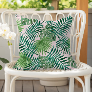 Coussin Feuilles tropicales vertes amusantes sur fond rose