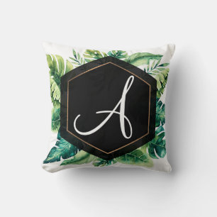 Coussin Feuilles Tropicales Vertes Été Chic Élégant Noir