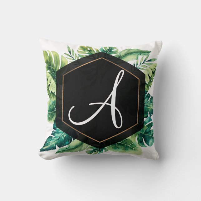 Coussin Feuilles Tropicales Vertes Été Chic Élégant Noir (Recto)
