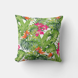 Coussin Feuilles tropicales vertes Fleurs roses oranges