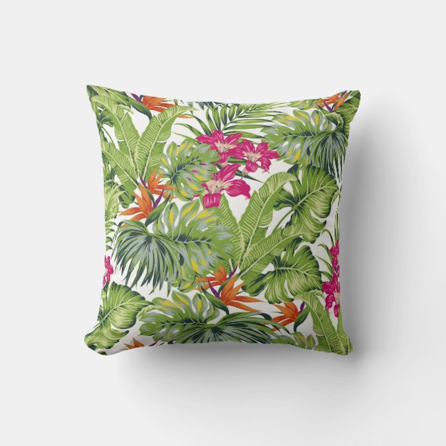 Coussin Feuilles tropicales vertes Fleurs roses oranges (Recto)