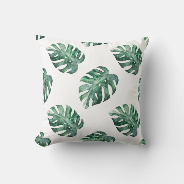 Coussin Feuilles tropicales vertes, motif aquarelle (Recto)