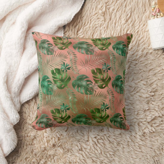 Coussin Feuilles tropicales vertes Terracotta rose iridesc (Couverture)