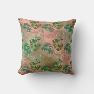 Coussin Feuilles tropicales vertes Terracotta rose iridesc