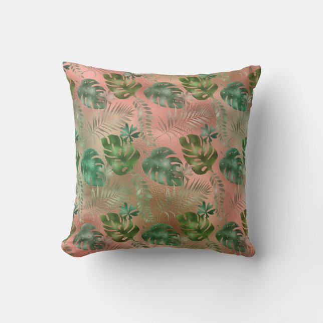 Coussin Feuilles tropicales vertes Terracotta rose iridesc (Recto)