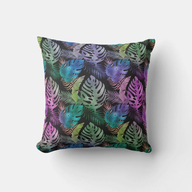 Coussin Feuilles tropicales violet sarcelle noir iridescen (Recto)