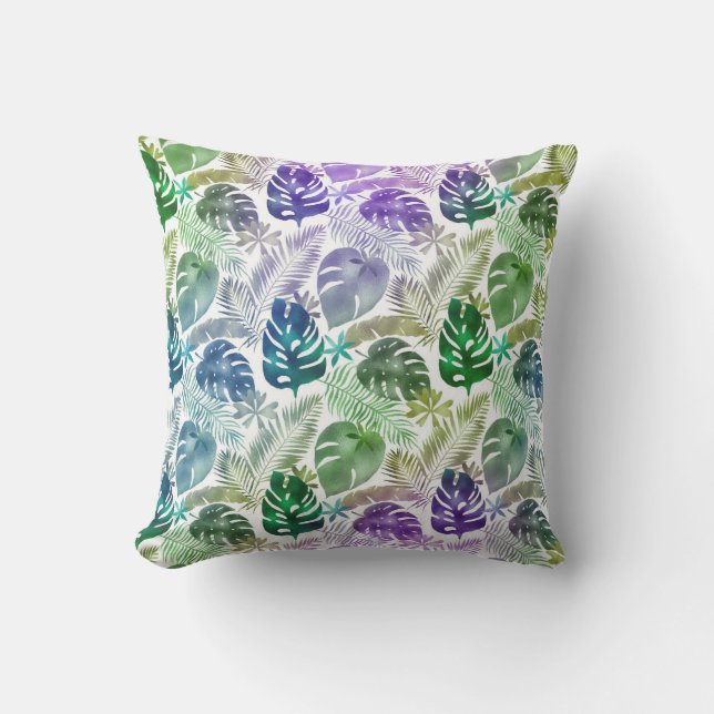 Coussin Feuilles tropicales violet sarcelle vert blanc  (Recto)