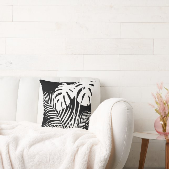 Coussin Feuilles tropicaux 1 blanc sur noir (Canapé)