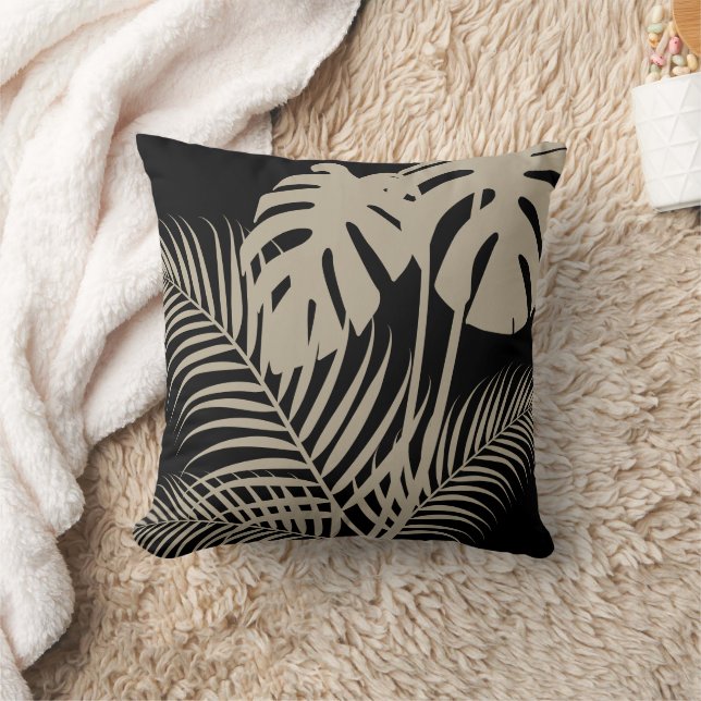 Coussin Feuilles tropicaux 1 Tan sur noir (Couverture)