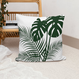 Coussin Feuilles tropicaux 1 vert foncé sur blanc