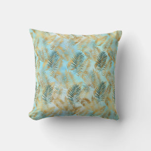 Coussin Feuilles tropicaux Aqua Sky Green Gold      
