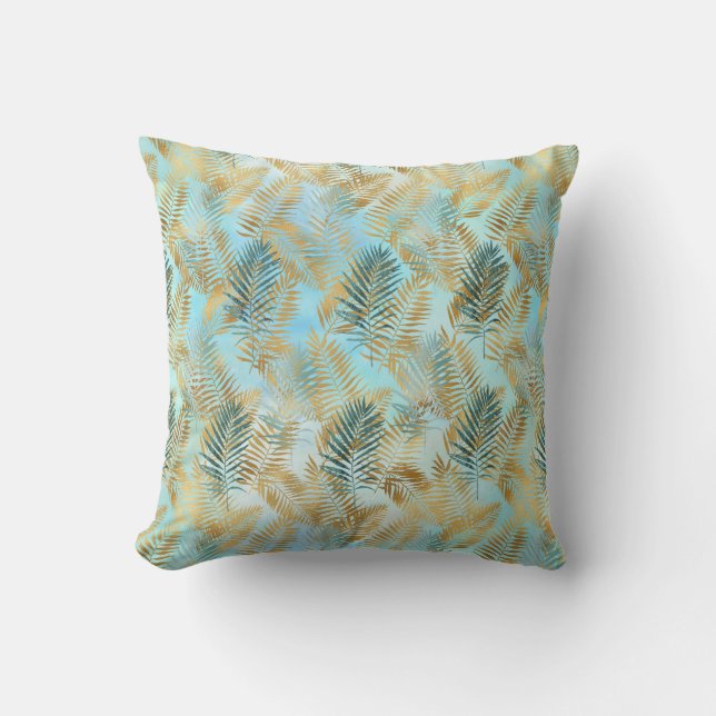 Coussin Feuilles tropicaux Aqua Sky Green Gold       (Recto)
