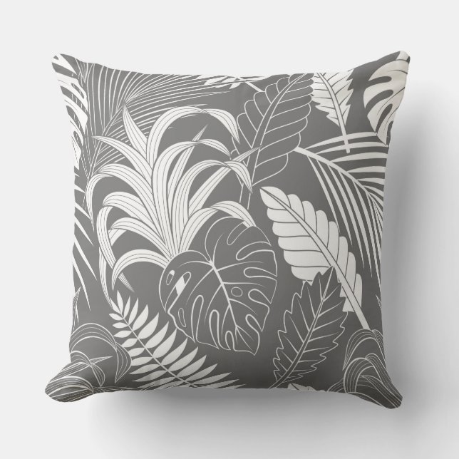 Coussin Feuilles tropicaux blancs et gris (Recto)