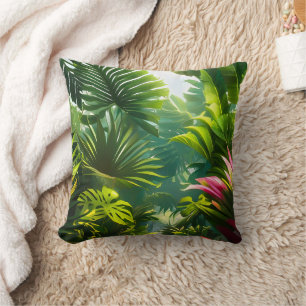 Coussin Feuilles tropicaux colorés et fleurs d'Hibiscus