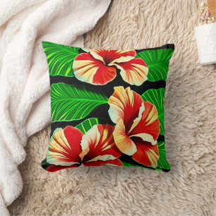Coussin Feuilles tropicaux colorés et fleurs d'Hibiscus  