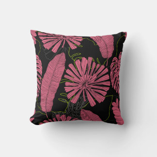 Coussin Feuilles tropicaux dessinés à la main. Plante exot