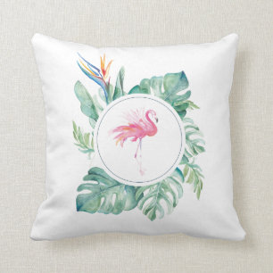 Coussin Feuilles tropicaux et Flamant rose rose