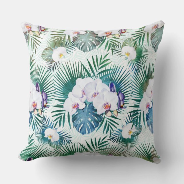 Coussin Feuilles tropicaux et fleurs d'orchidées (Recto)