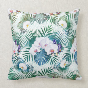 Coussin Feuilles tropicaux et fleurs d'orchidées