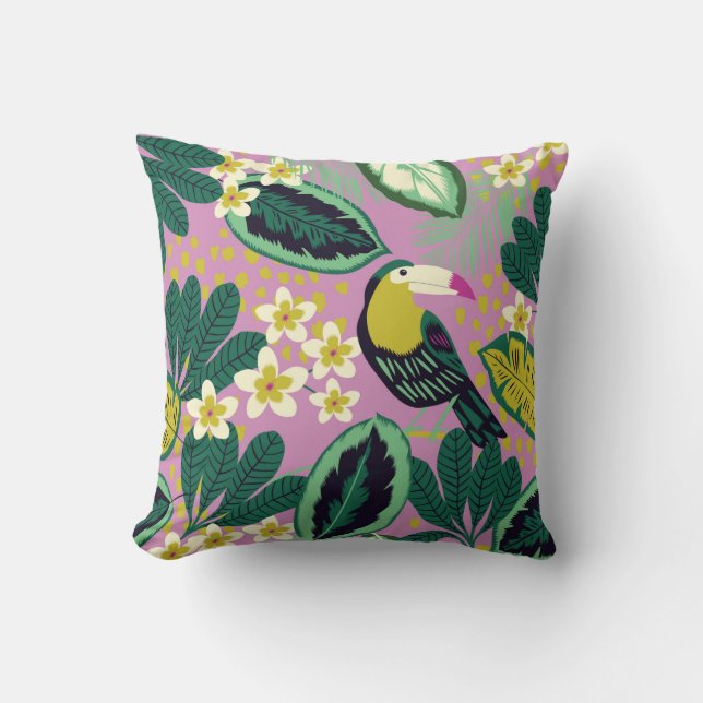 Coussin Feuilles tropicaux, fleurs et toucan oiseau transp (Recto)