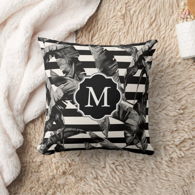 Coussin Feuilles tropicaux noirs et blancs (Couverture)