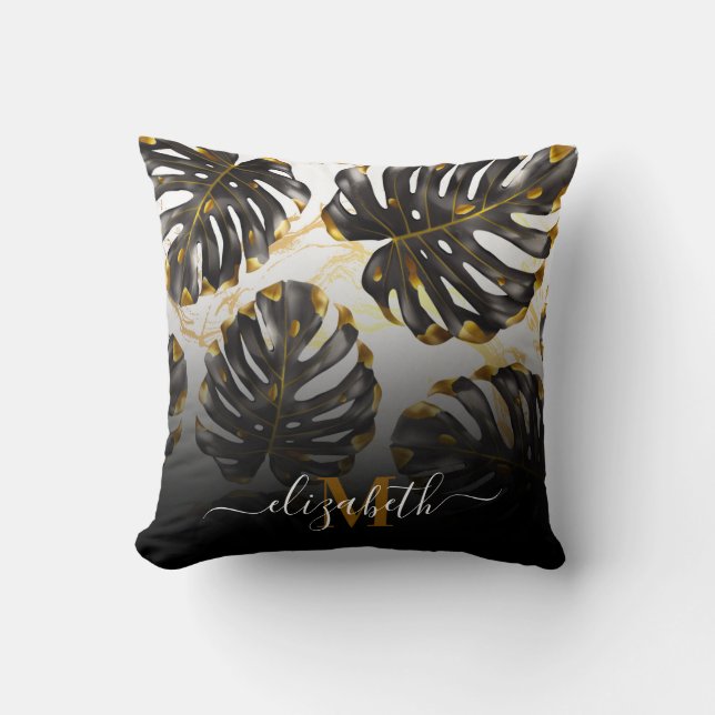Coussin Feuilles tropicaux noirs et dorés (Recto)