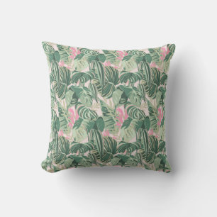 Coussin Feuilles tropicaux verts et roses   Cabane
