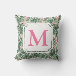 Coussin Feuilles tropicaux verts et roses   Monogramme Cab