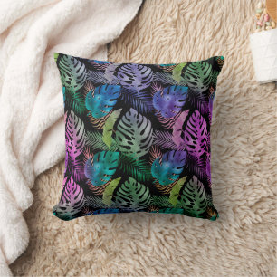 Coussin Feuilles tropicaux Violet Turquoise Noir Iridescen