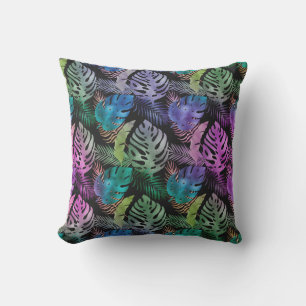 Coussin Feuilles tropicaux Violet Turquoise Noir Iridescen
