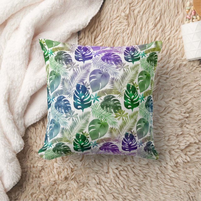 Coussin Feuilles tropicaux violet Turquoise vert blanc (Couverture)