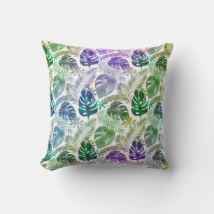 Coussin Feuilles tropicaux violet Turquoise vert blanc