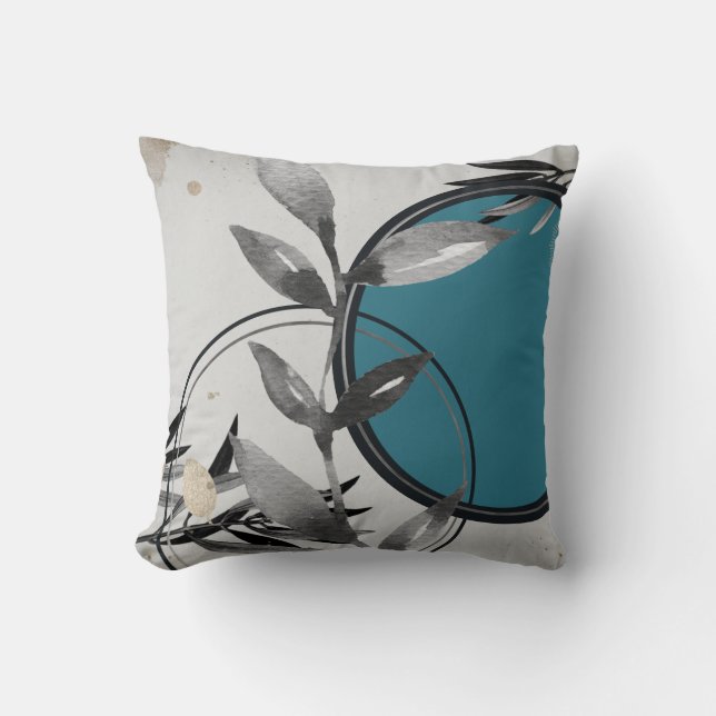 Coussin Feuilles turquoise et gris Zen Aquarelle (Recto)