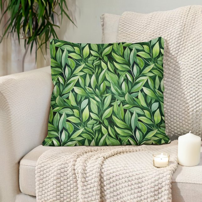 Coussin Feuilles Vertes Élégantes Uniques Modernes (Green leaves on black decorator pillow)