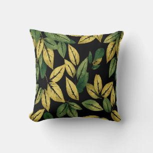 Coussin Feuilles Vertes & Jaunes – Botanique Gras Noir