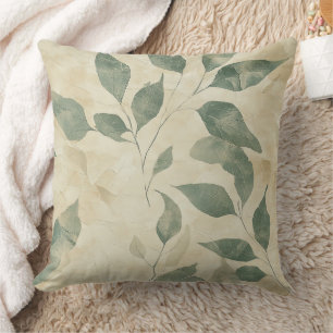 Coussin Feuilles Vertes Rustiques Vintage sur Fond Crème d