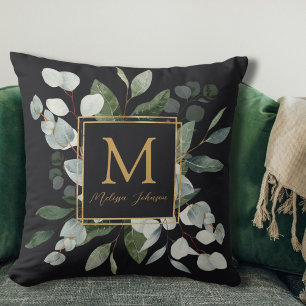 Coussin Feuilles Vertes Tropicales en Aquarelle Monogramme