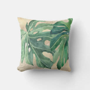 Coussin Feuilles Vertes Tropicales Monstera Sable Doré