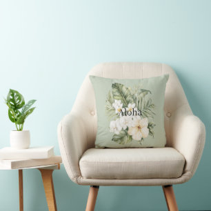 Coussin Feuilles Vertes Tropicales Orchidées Hibiscus Blan