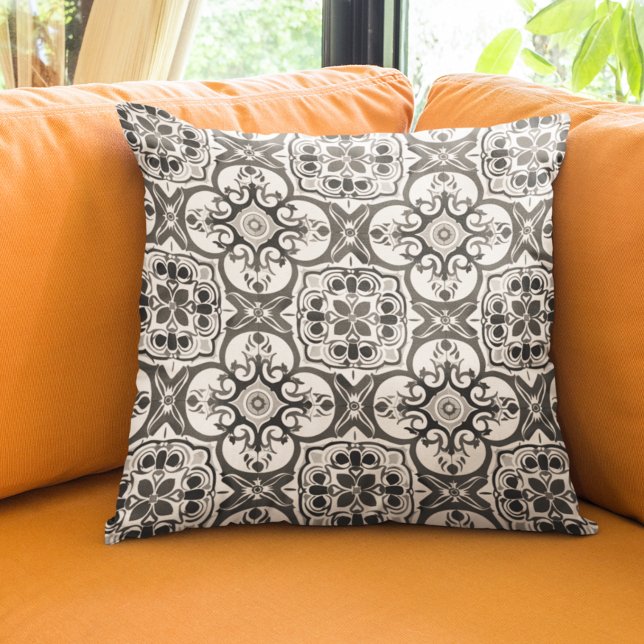 Coussin Fiesta mexicaine Talavera Gris Poterie Carreaux (Créateur téléchargé)