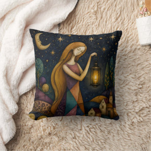 COUSSIN FILLE À LA LANTERNE SOUS UN CIEL ÉTOILÉ BLEU
