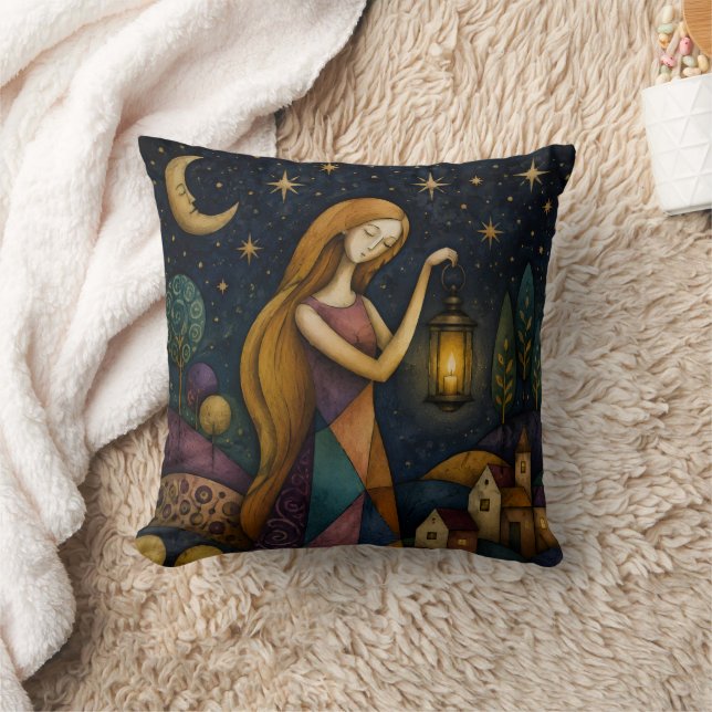 COUSSIN FILLE À LA LANTERNE SOUS UN CIEL ÉTOILÉ BLEU (Couverture)