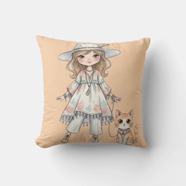 Coussin Fille à la mode se promenant avec son chat (Recto)