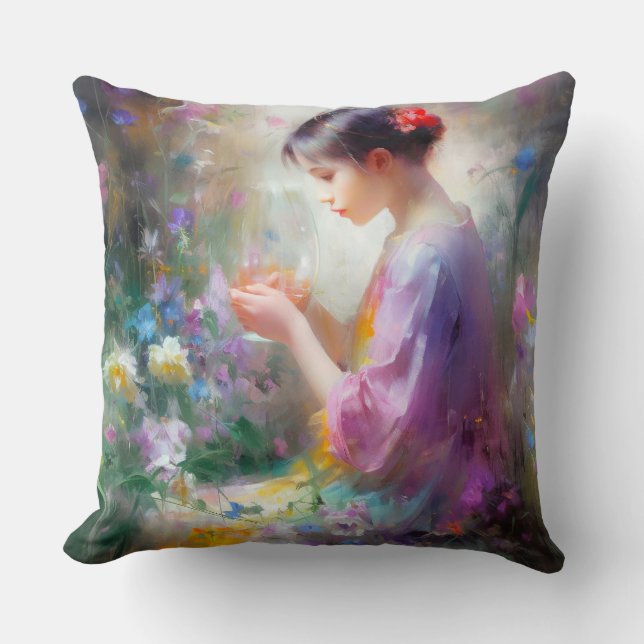 Coussin Fille admirant une fleur dans ses mains (Recto)